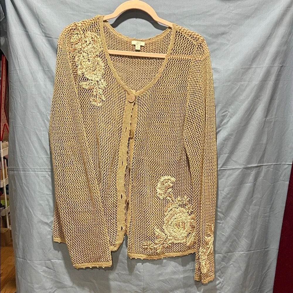 J. Jill Beige Open Knit Cardigan with Floral Accents